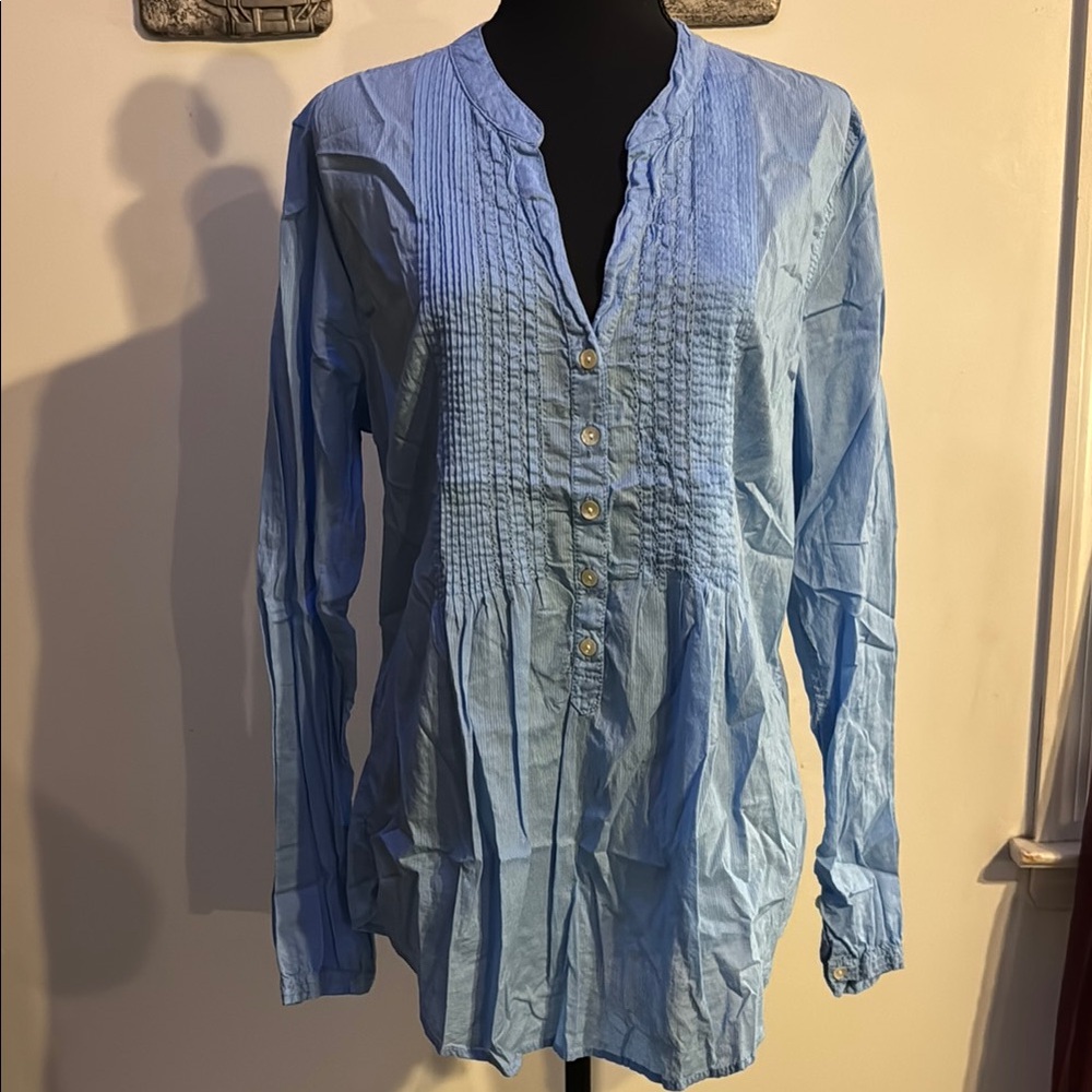 H&M Blue Long Sleeve Pleated Blouse with Mandarin Collar